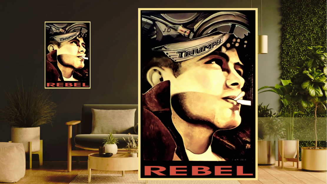 Motorcycle art collection of James Dean portrait painting American Icons with 'Rebel' posters on the wall
