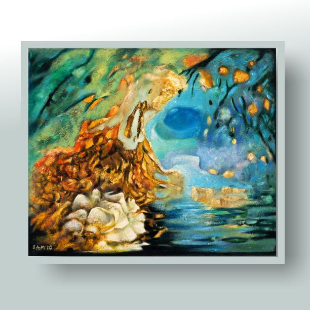 Framed abstract landscape painting with vibrant colors on a white background
