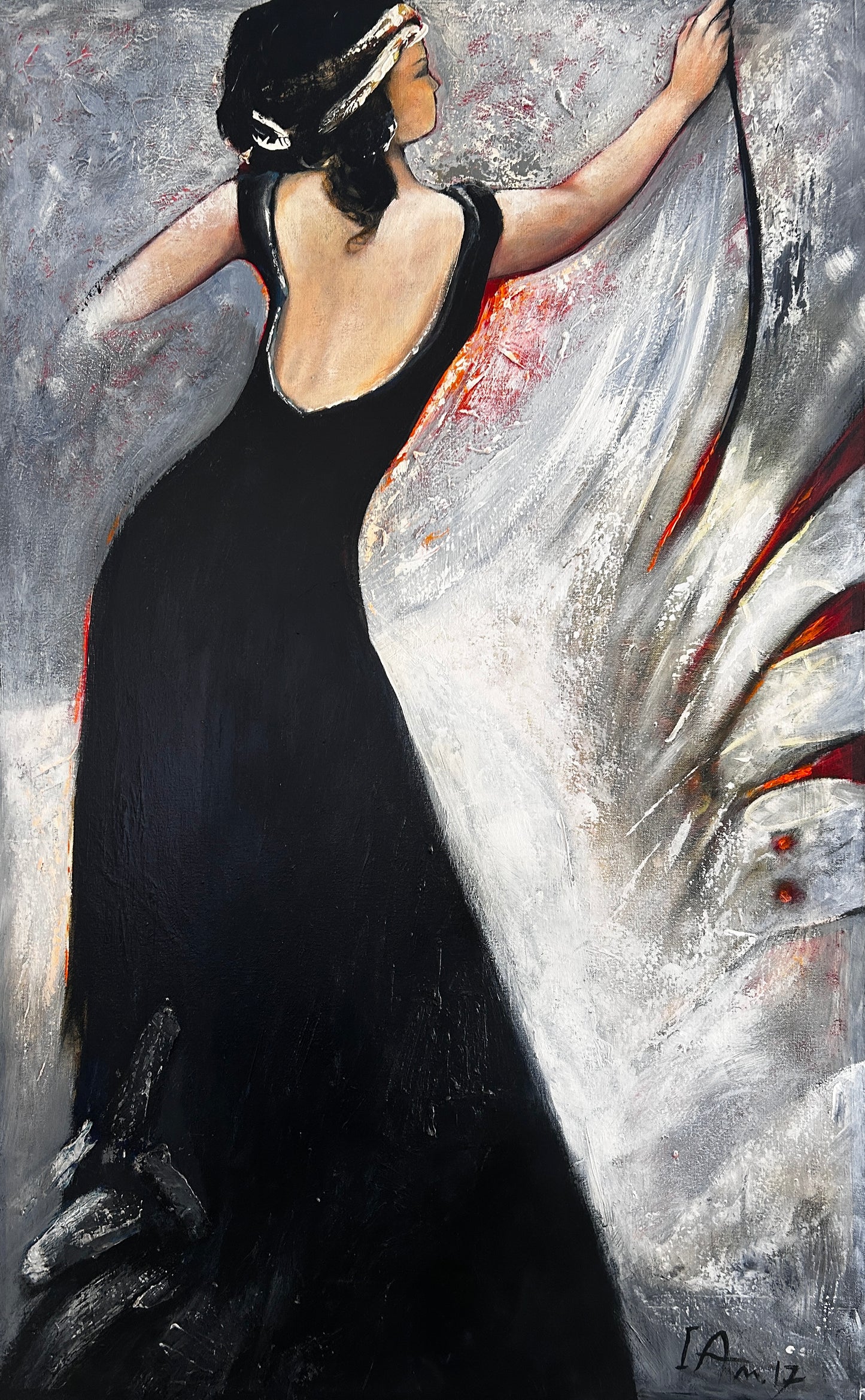 Art painting of a woman in a black dress against a textured gray background