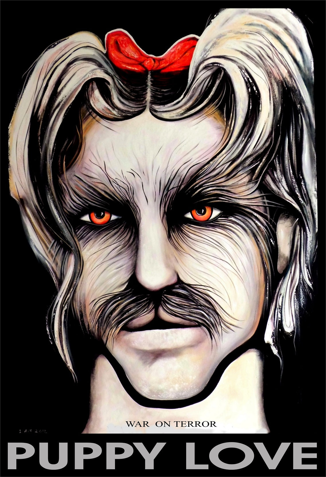 Artistic illustration of a character with long hair and a red bow, featuring the text 'War on Terror' and 'Puppy Love'.