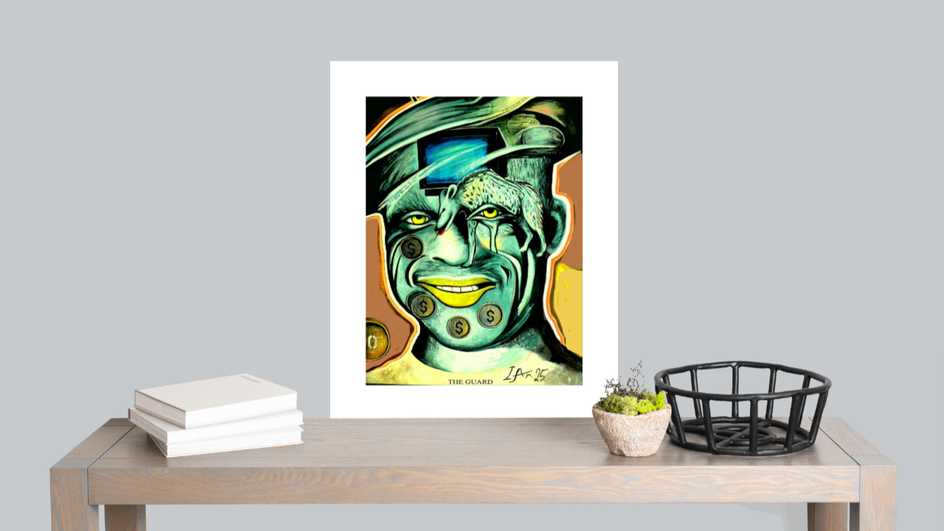 Framed artwork of a stylized green face on a table with books and a plant.