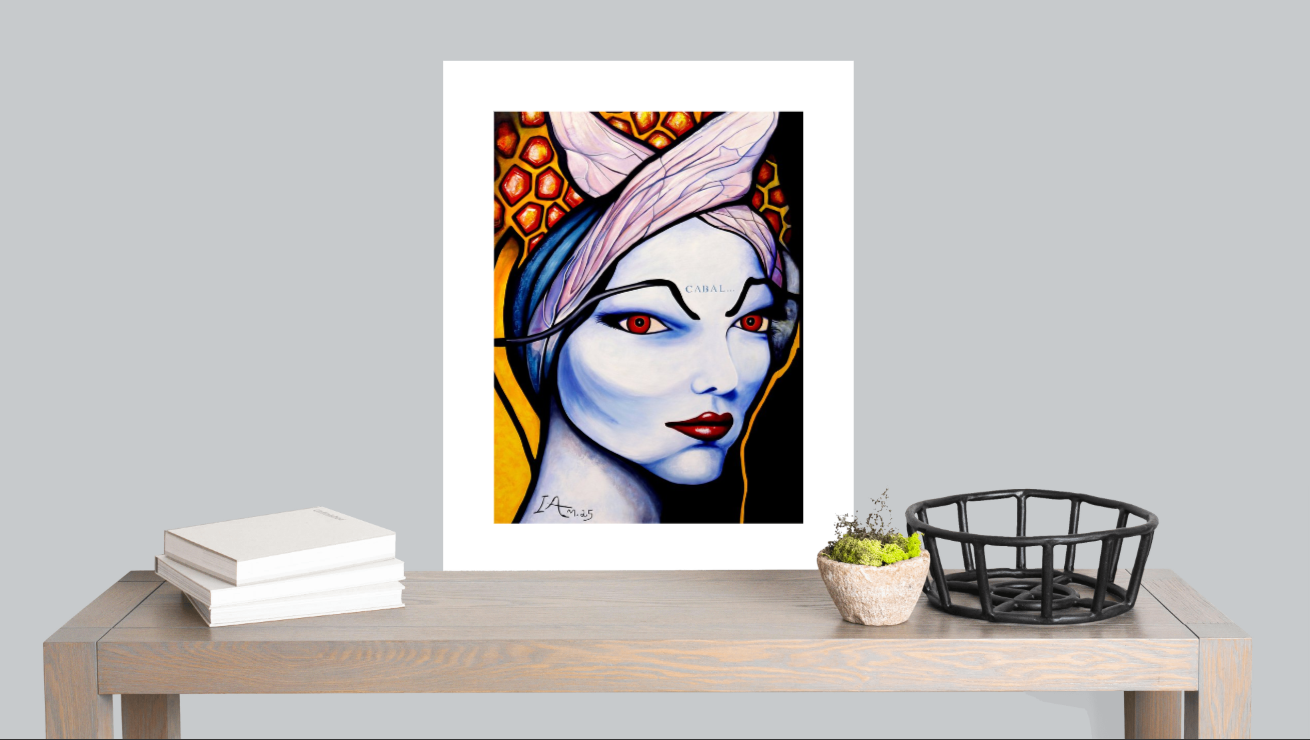 Framed artwork of a stylized face on a table with books and a basket.