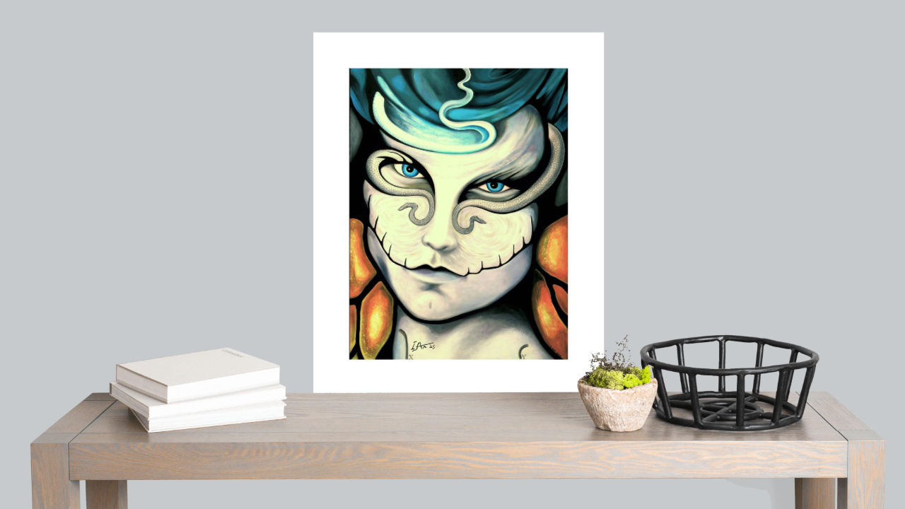 Framed artwork of a stylized face on a table with books and a plant.