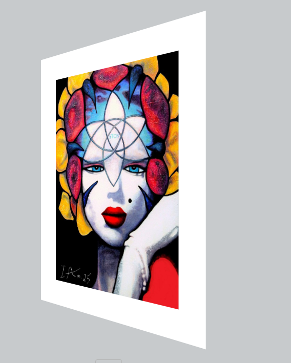 Colorful abstract art print of a face with red lips and blue eyes on a gray background