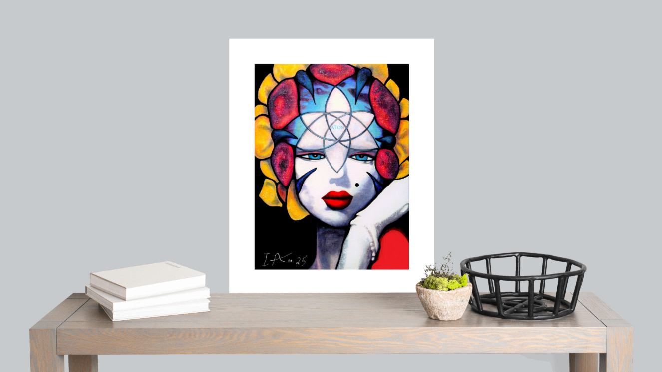 Colorful Marylin Monroe abstract art print on a table with books and decor items.