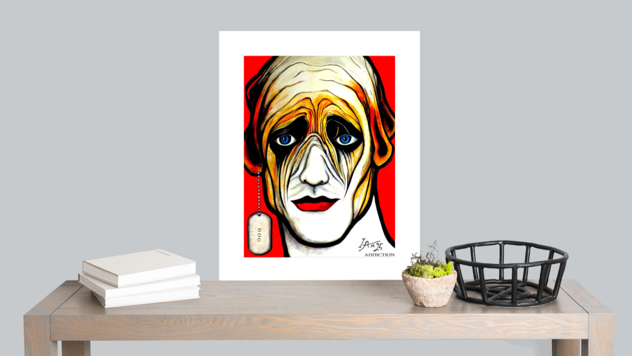 Framed artwork of a stylized face on a table with books and a basket.