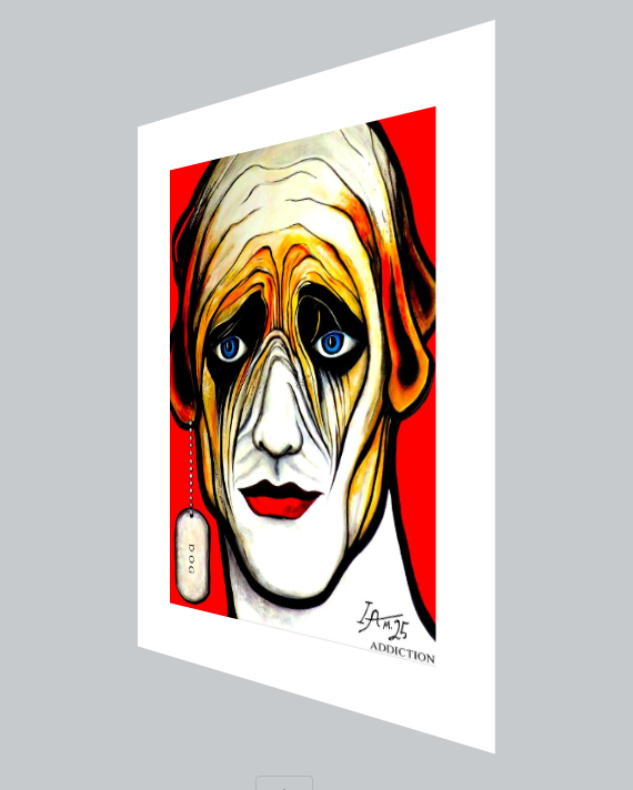 Artistic depiction of a face with blonde hair and blue eyes on a red background, framed by a white border.