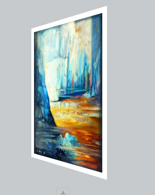 Abstract painting with blue and orange tones on a gray background
