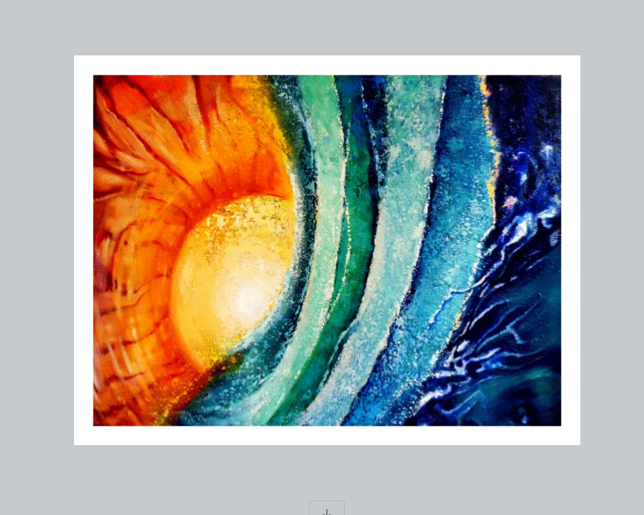 abstract blue waves over rising sun artwork with white border on a grey wall
