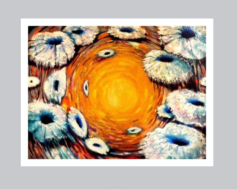 Abstract artwork with a central orange circle surrounded by white and blue circular shapes.