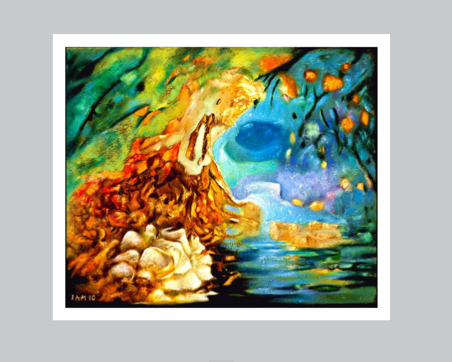Colorful abstract painting with a central figure and surrounding elements on a gray background