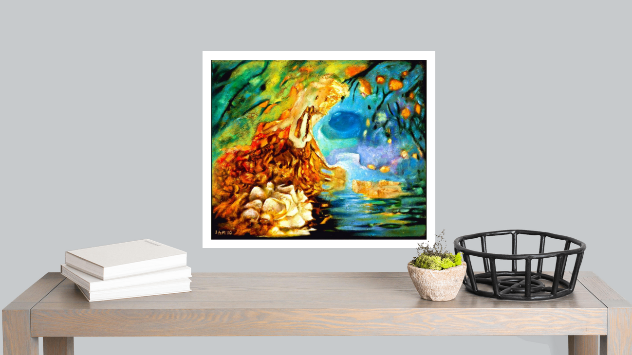 Framed abstract painting on a table with books, a plant, and a basket.