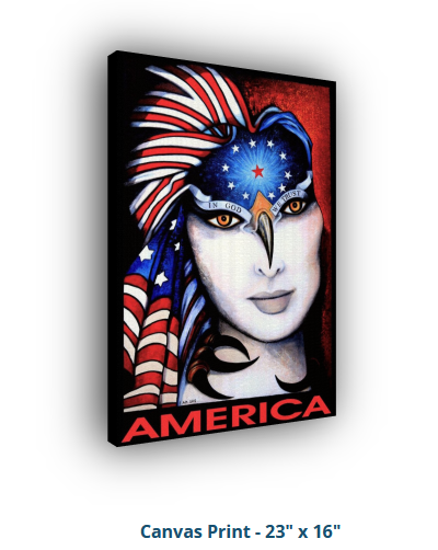 Canvas print of a stylized face with American flag headdress and 'AMERICA' text.
