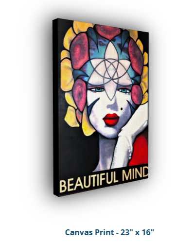 Canvas print of a colorful abstract art piece titled 'Beautiful Mind' on a white background.