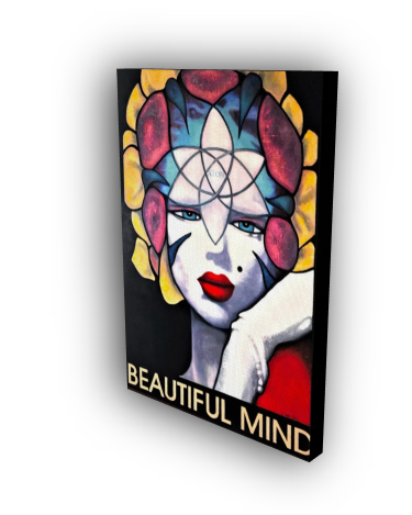 Canvas print titled 'Beautiful Mind' featuring a stylized face with colorful hair and red lips.