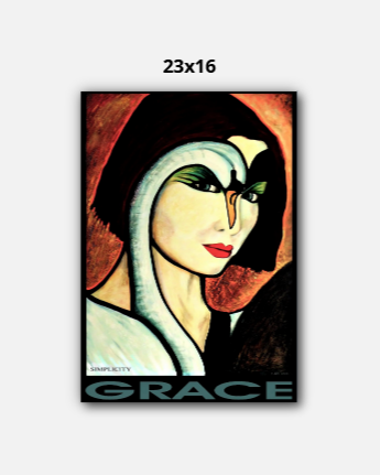 Artistic depiction of a woman's face with 'GRACE' text and dimensions 23x16 on a white background.