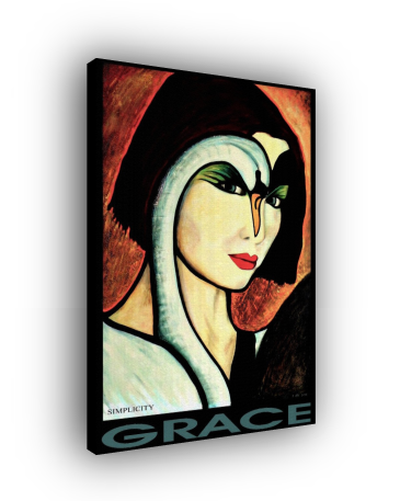 Canvas print of a stylized portrait with text 'Simplicity' and 'Grace'.
