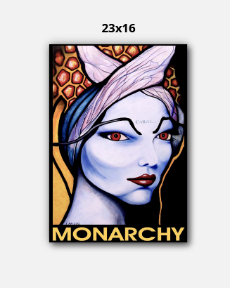 Artistic depiction of a character with 'Monarchy' branding on a white background