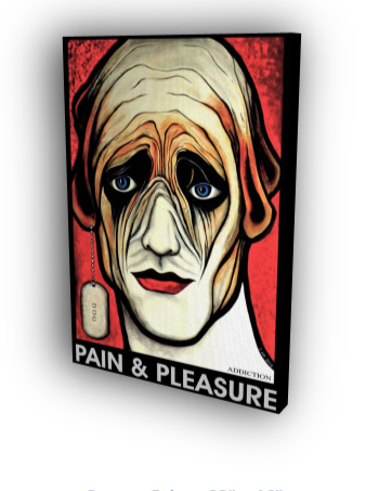 Canvas print with a stylized face design and 'Pain & Pleasure' text on a red background.