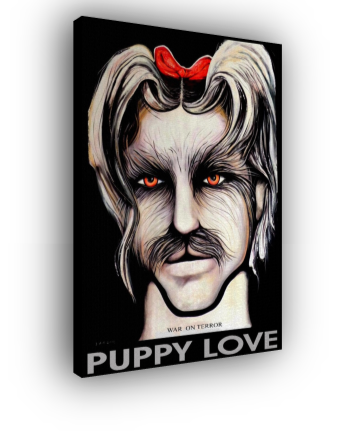 Canvas print of a stylized portrait with text 'Puppy Love' on a white background