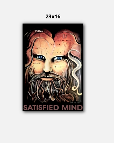 Artistic depiction of a bearded man with a snake on his shoulder, titled 'Satisfied Mind', on a white background.