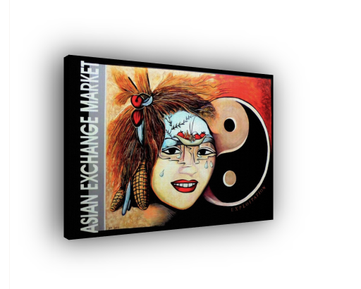 Canvas print of a stylized face with feathers and a yin-yang symbol, featuring 'Asian Exchange Market' branding.