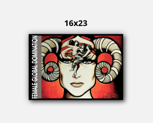 Artistic depiction of a woman with ram-like horns on a red background, with text 'FEMALE GLOBAL DOMINATION' on the left.