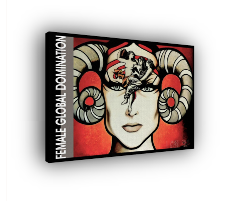 Canvas print with a stylized face and ram's horns on a red background, labeled 'Female Global Domination'.