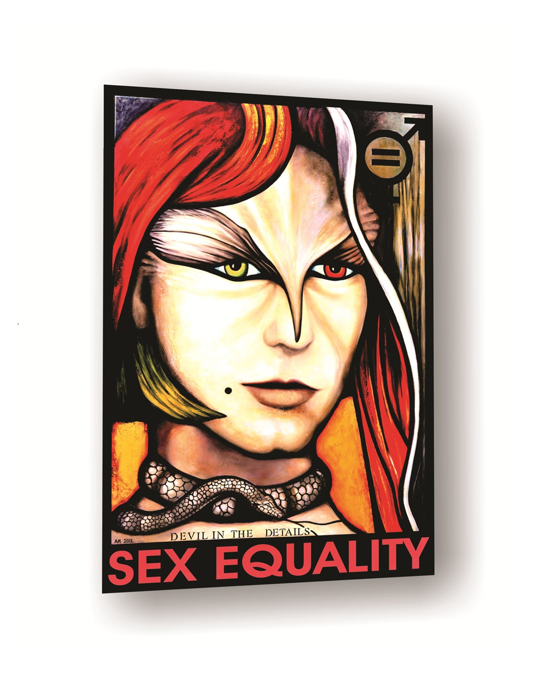 Artistic depiction of a man woman parrot animal spirit with red hair and a stylized face, with 'Sex Equality' text below.