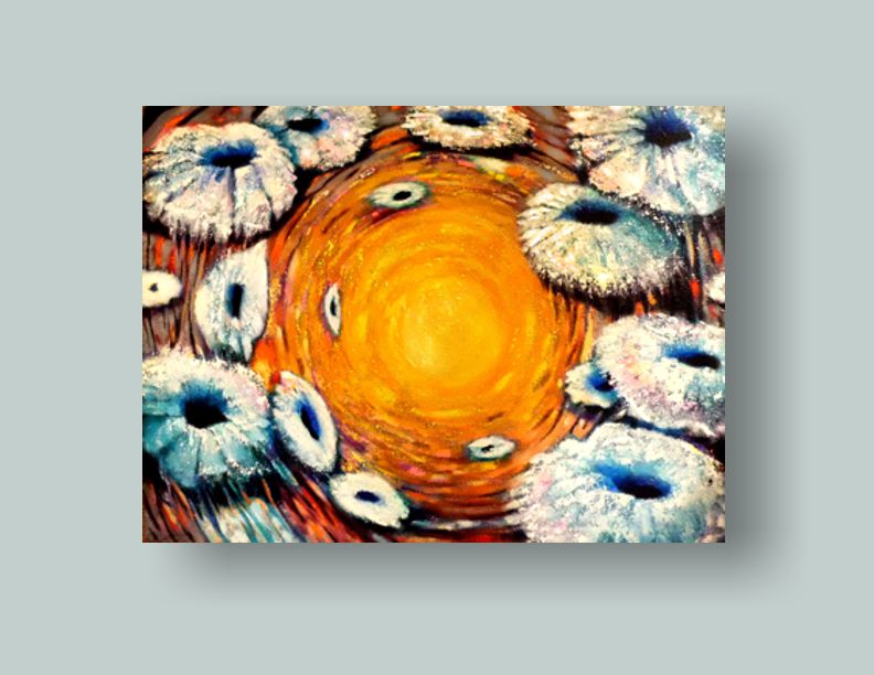 Abstract art piece with circular patterns and blue floral elements on a gray background