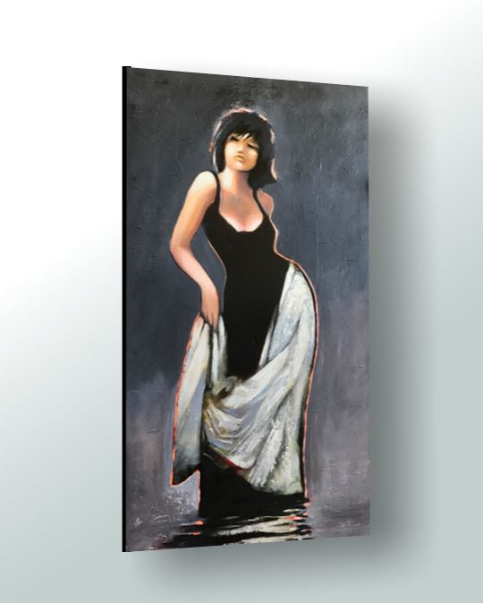 Painting of a woman in a black top and white skirt against a dark background