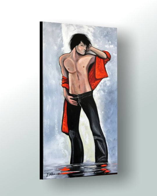 Painting of a shirtless man with a red jacket on a light gray background