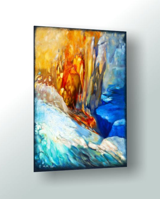 Abstract painting with warm and cool colors on a white background