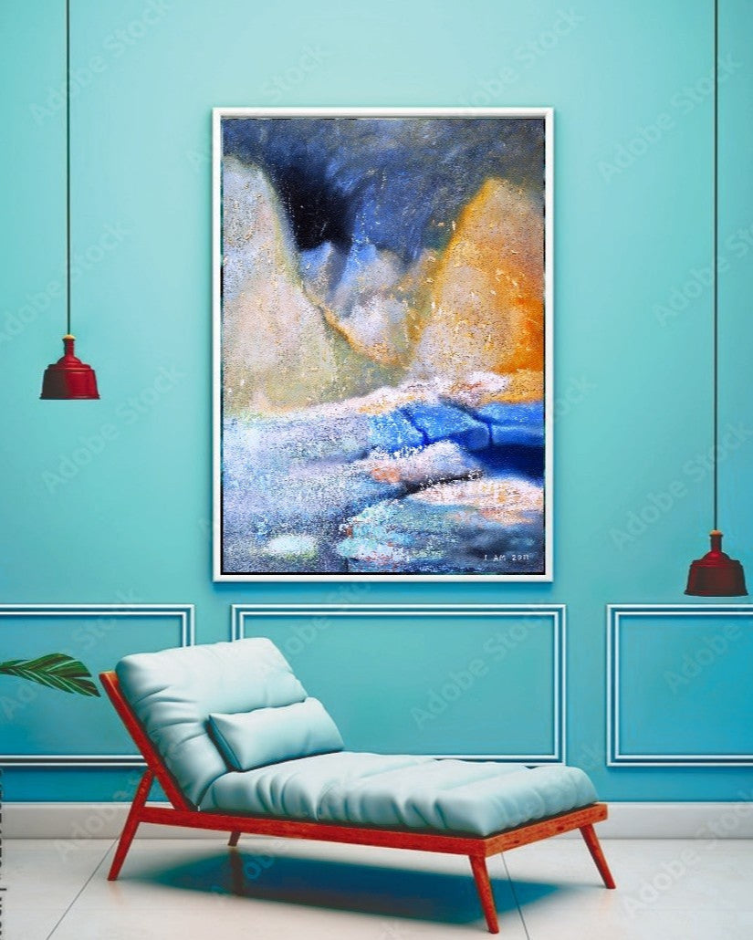 Modern interior with a red chair, blue cushions, and abstract art on a turquoise wall.