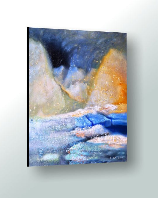 Abstract painting with blue, orange, and white colors on a light gray background