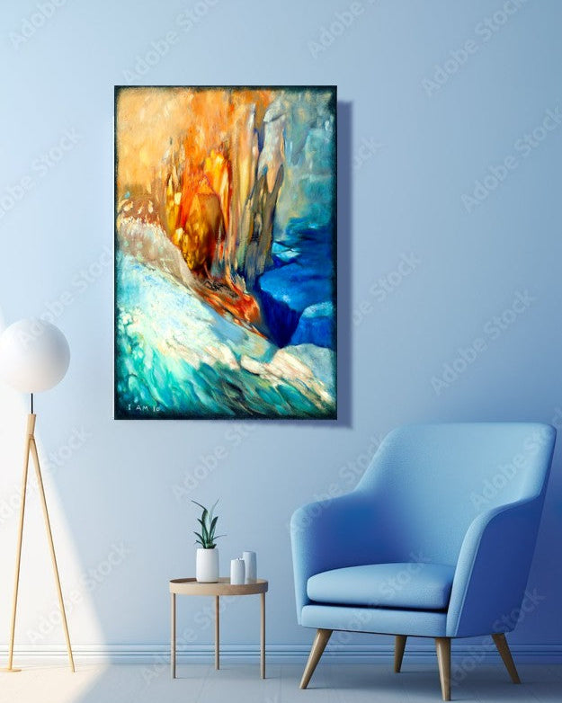 Abstract painting on a wall with a blue armchair and side table below.