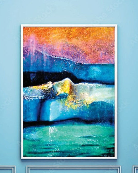 Abstract painting with colorful waves on a blue wall