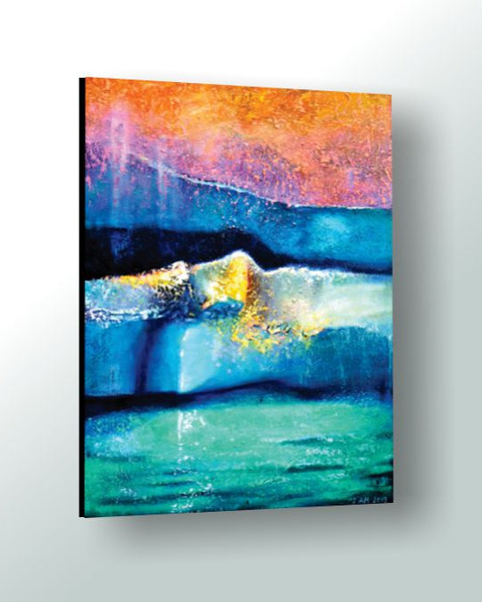 Abstract painting with blue, orange, and purple hues on a white background