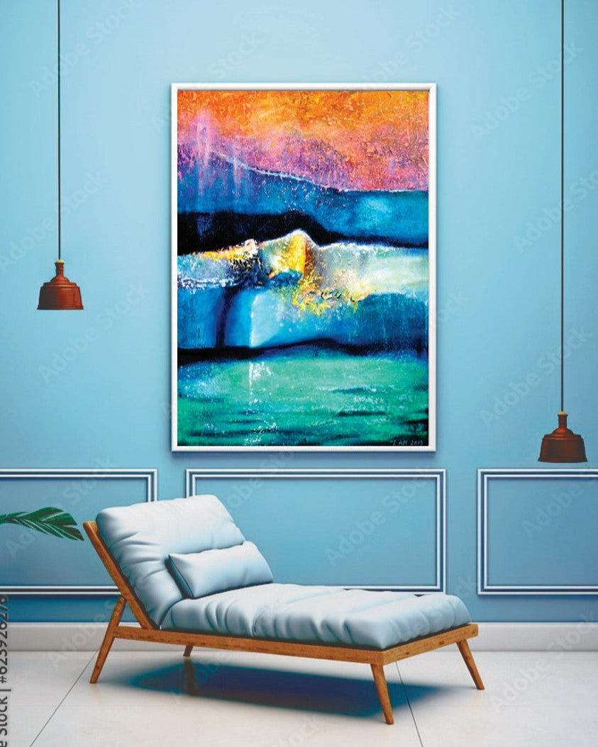 Abstract painting on a blue wall above a modern chair.