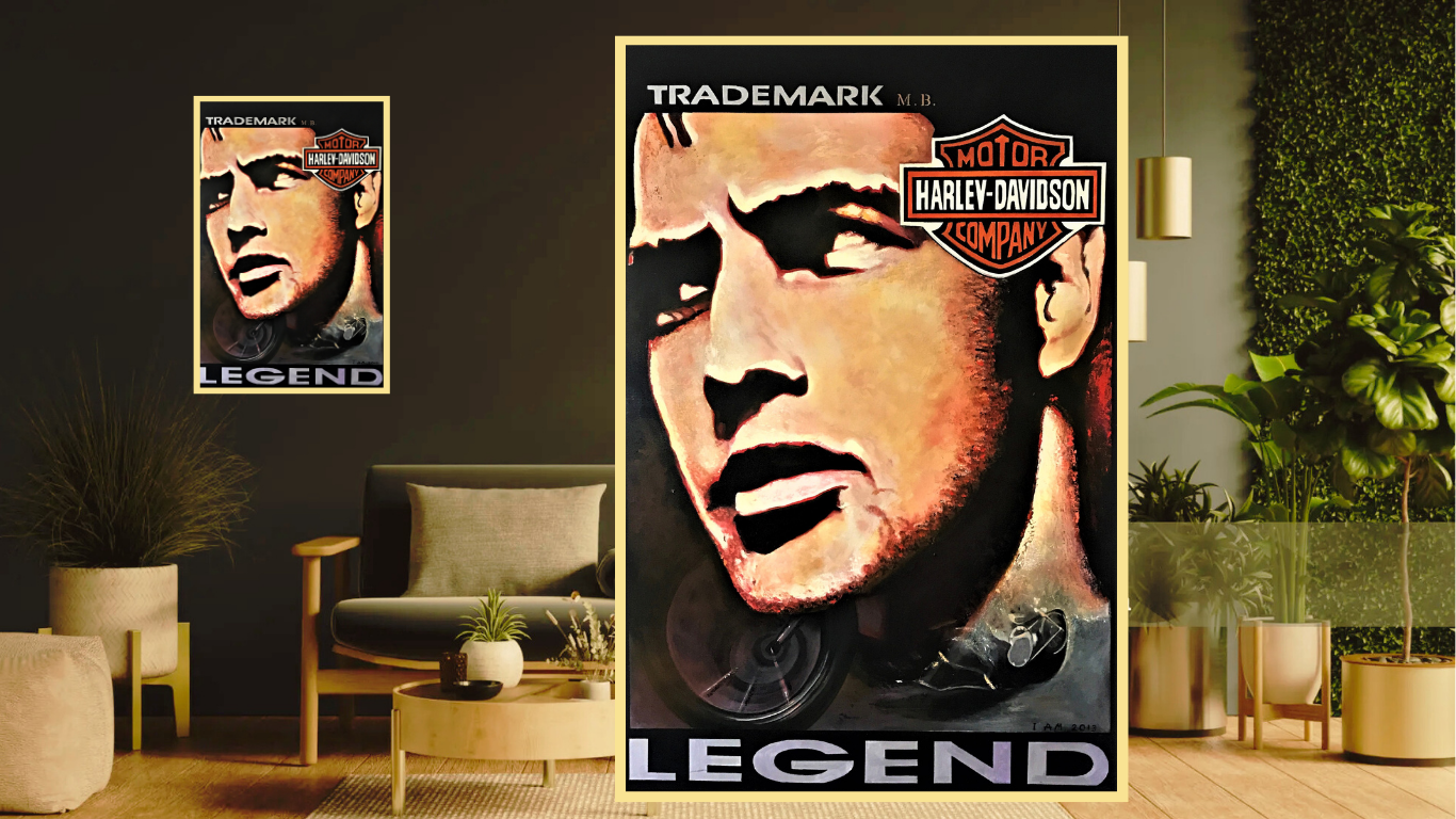 Marlo Brando Legend Living room with 'Harley-Davidson Legend' posters on a wall.