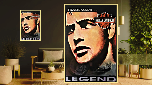 Marlo Brando Legend Living room with 'Harley-Davidson Legend' posters on a wall.
