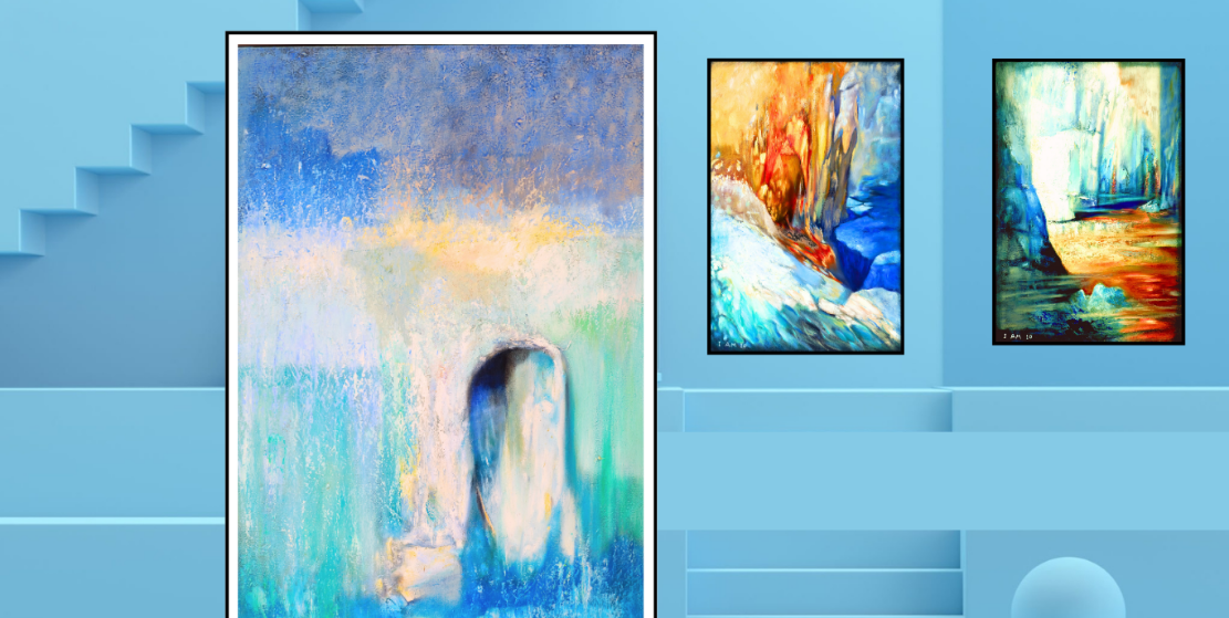 Three abstract paintings on a blue wall with a staircase in the background