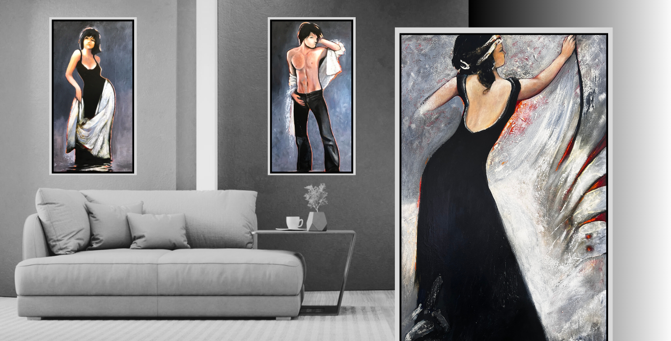 Modern living room with a gray sofa and three framed artistic portraits on the wall.
