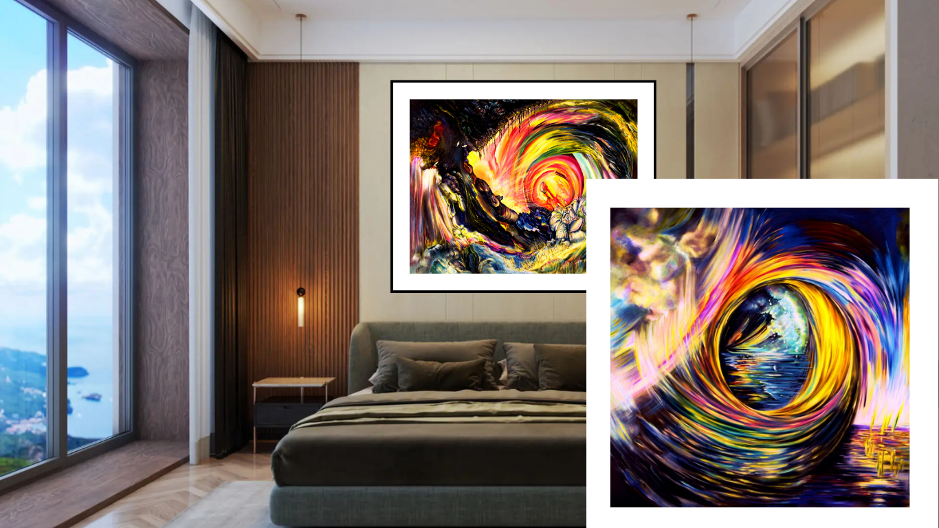 Colorful abstract painting in a modern bedroom with large windows.
