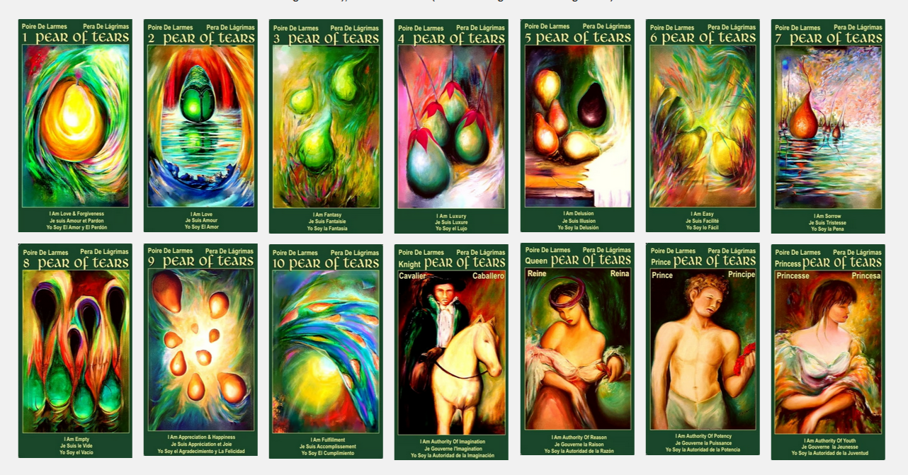 Collection of 14 Green Tarot Cards titled 'Pear Of Tears' with colorful designs and characters.