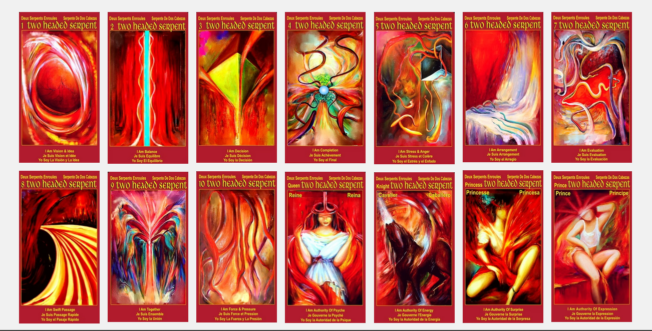 14 Red Tarot Cards images with vibrant designs and text 'Two Headed Serpents'.