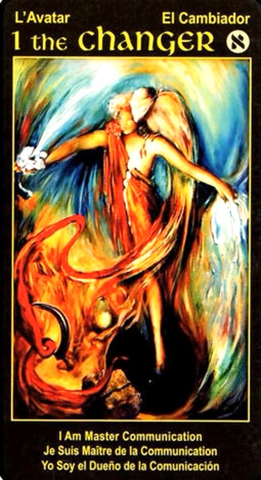 Card from a tarot deck titled 'The Changer' with a colorful depiction of a figure and text.