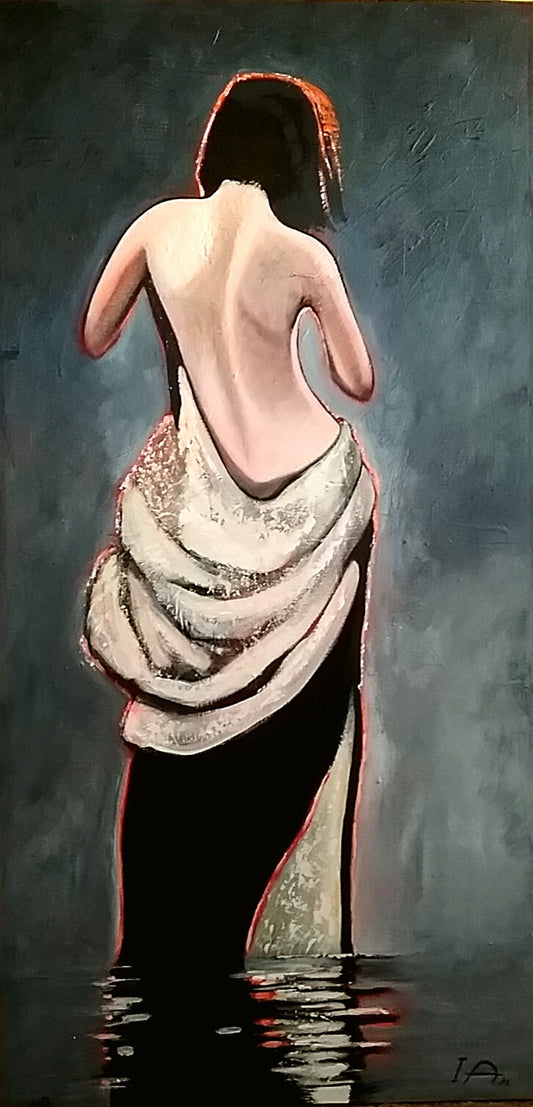 Artistic depiction of a woman in a saree standing in water with a dark background