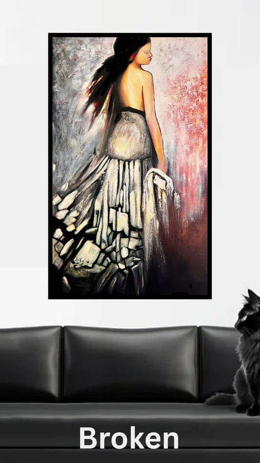 Framed artwork of a woman in a dress on a wall above a black sofa with a cat.