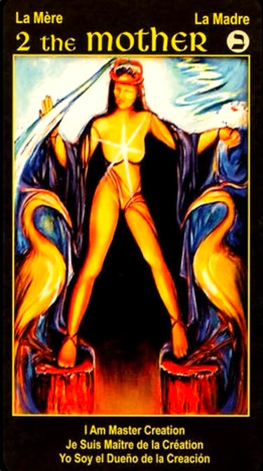 Tarot card titled 'The Mother' with a stylized depiction of a woman and birds on a dark background.